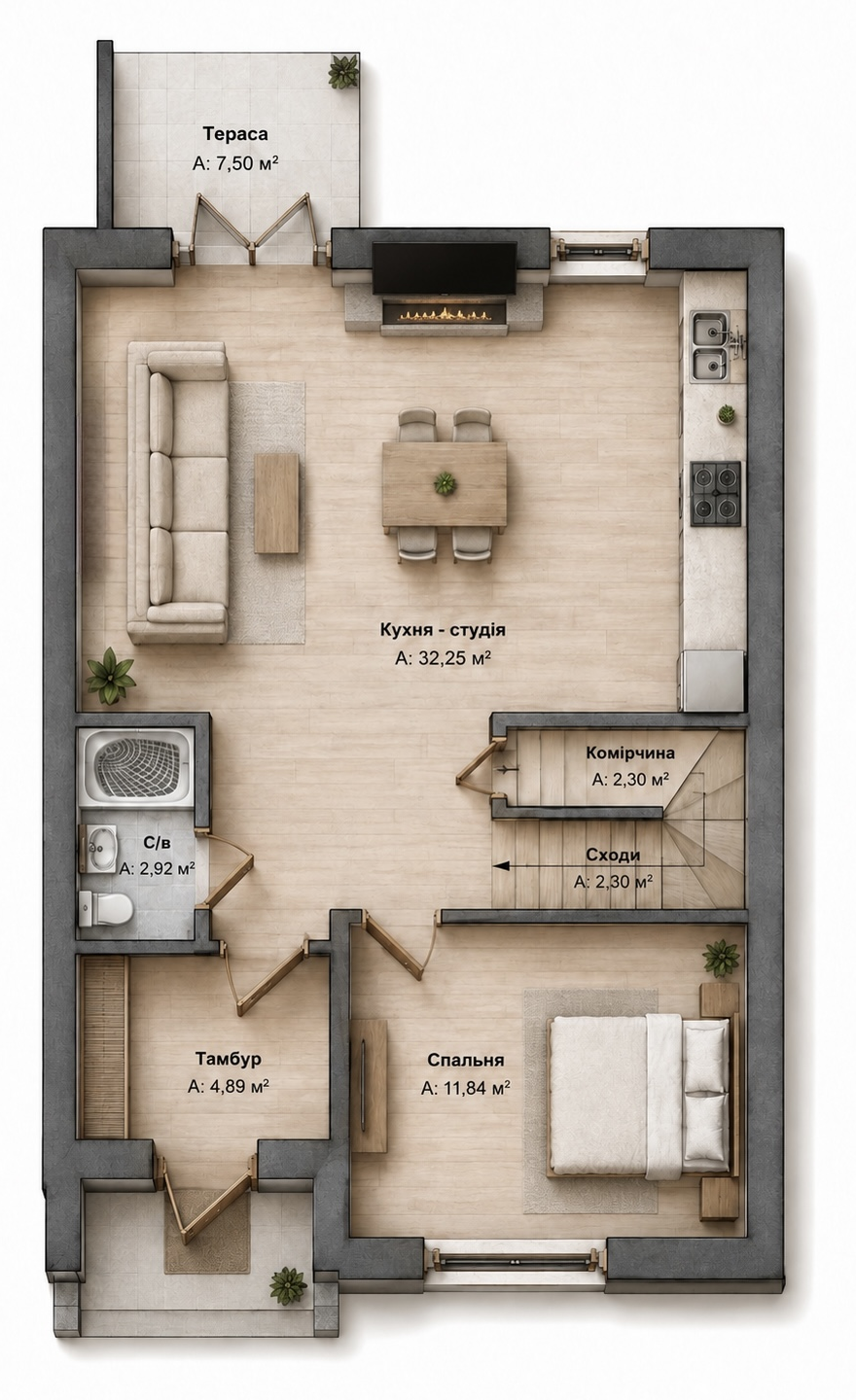 План 1 поверху таунхауса The Yard: тераса 7,50 м², кухня-студія 32,25 м², спальня 11,84 м², тамбур 4,89 м², санвузол 2,92 м², комірчина та сходи по 2,30 м²
