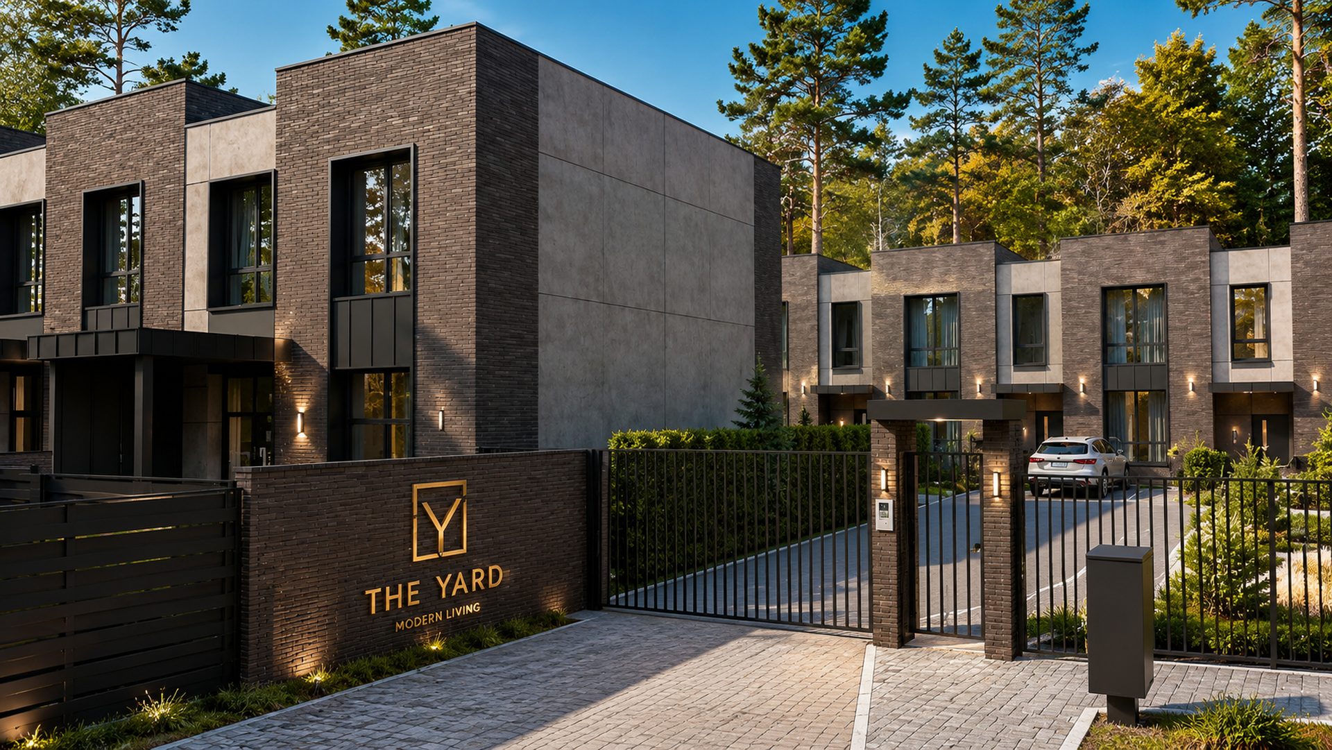 В’їзна група The Yard удень — стіна зі знаком Y і написом THE YARD, вид збоку на ворота