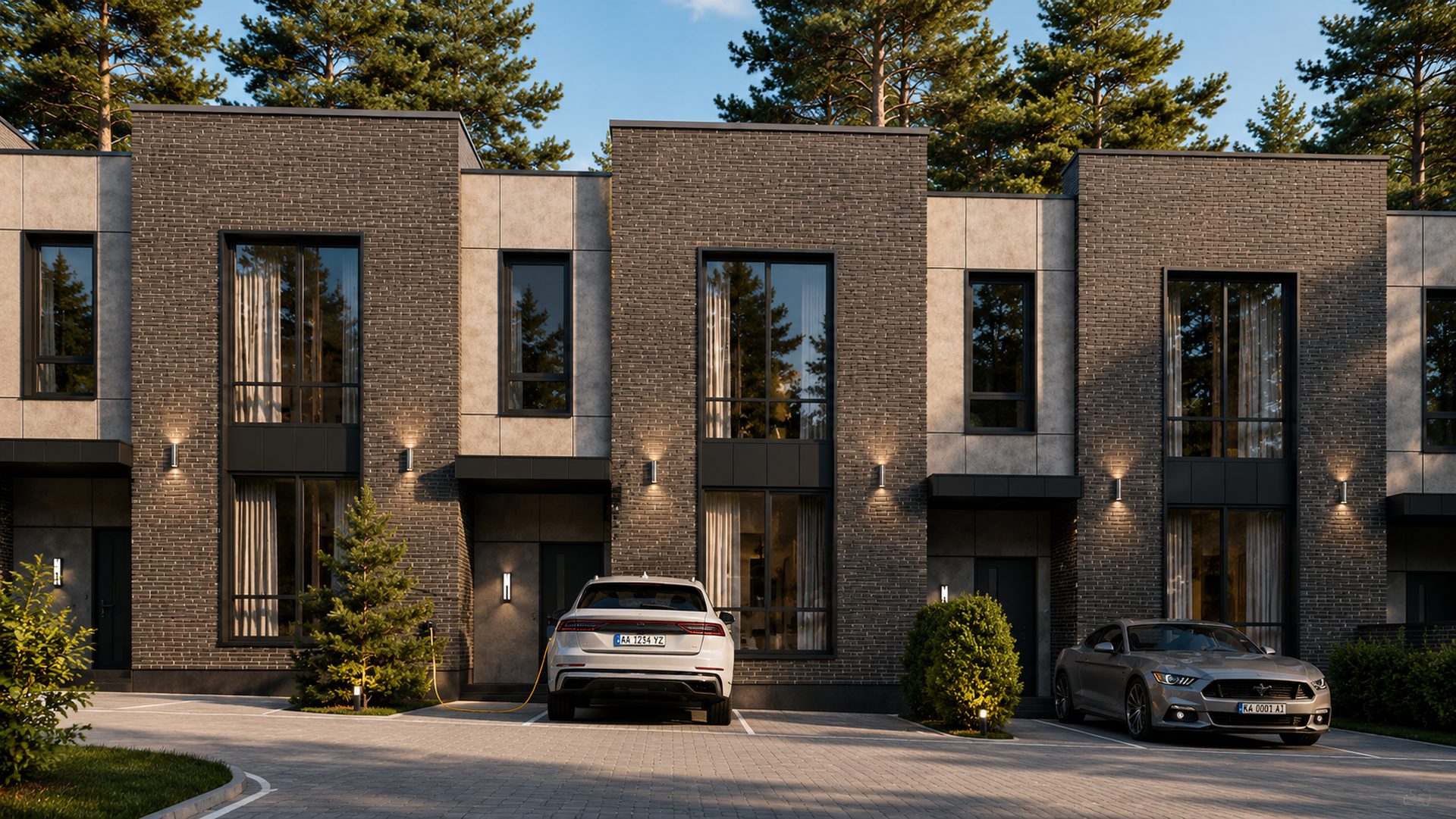 Паркомісця біля таунхаусів The Yard — два авто перед фасадом, розетка для електрозарядки